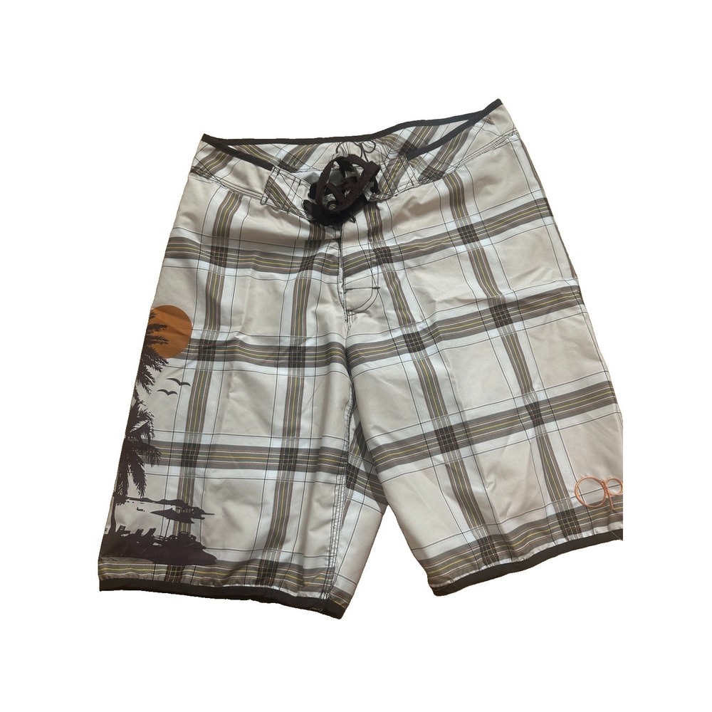 OP Ocean Pacific Mens 32 Brown Plaid Board Shorts Surf Swim Trunks Palm Y2K